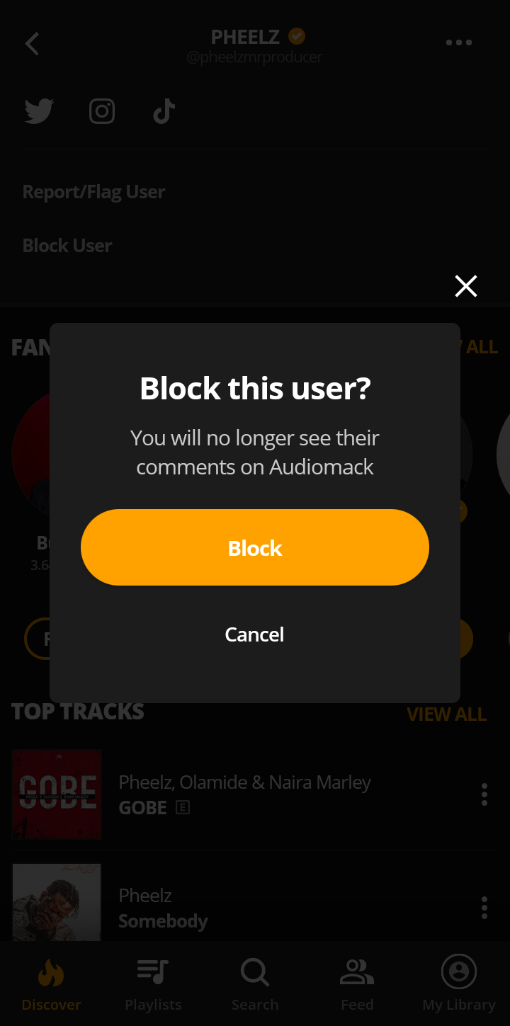  Audiomack Block user flow UI screenshot
