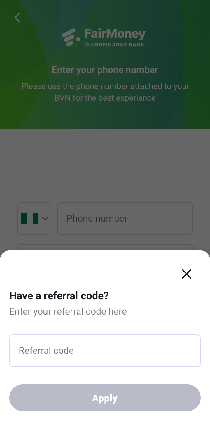  Fairmoney Add Referral Code user flow UI screenshot