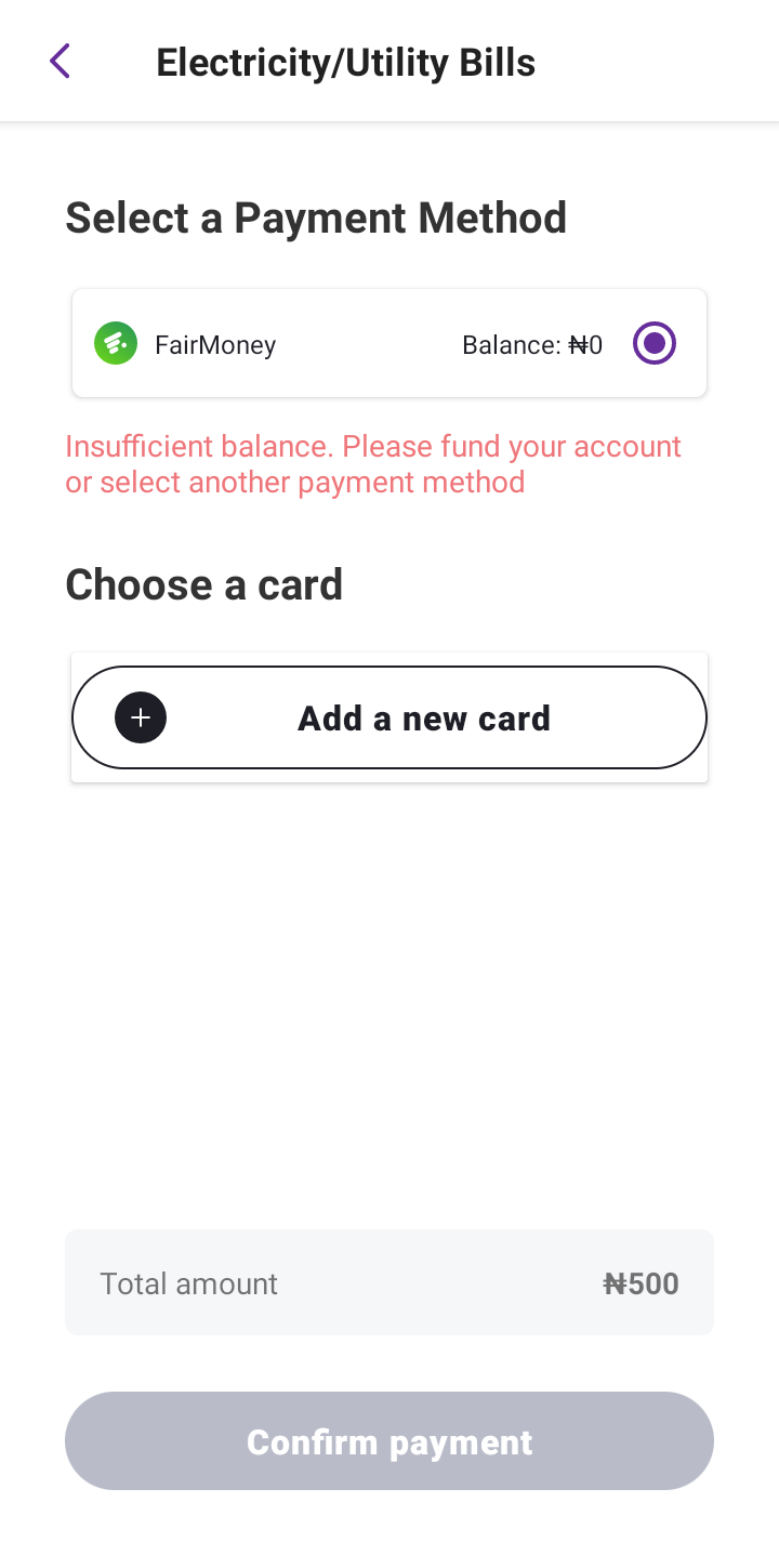  Fairmoney Bill Payment user flow UI screenshot