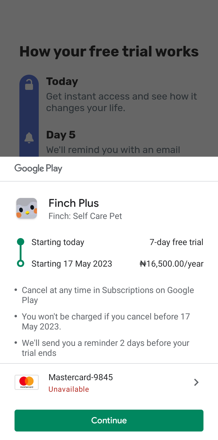  Finch Paywall and Subscription user flow UI screenshot