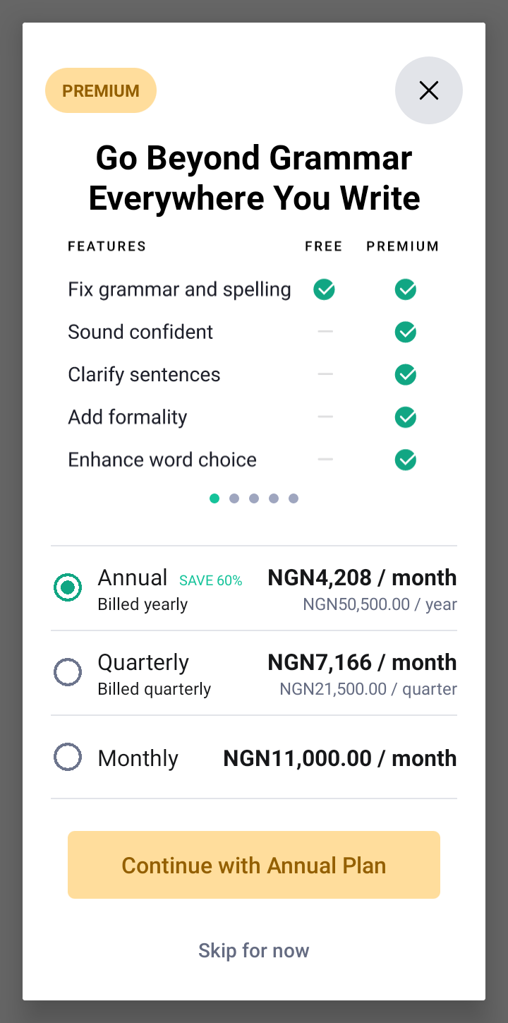  Grammarly Paywall and Subscription user flow UI screenshot