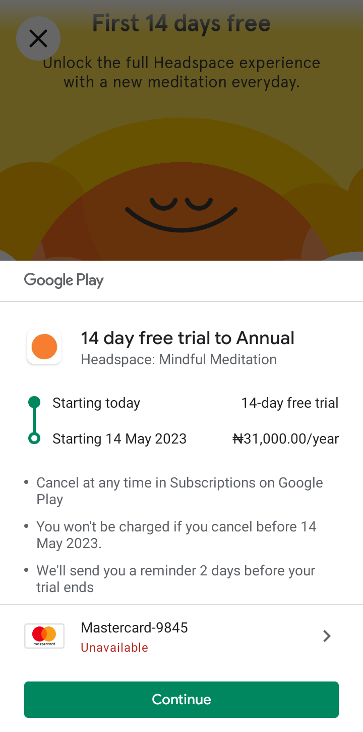  Headspace Paywall and Subscription user flow UI screenshot