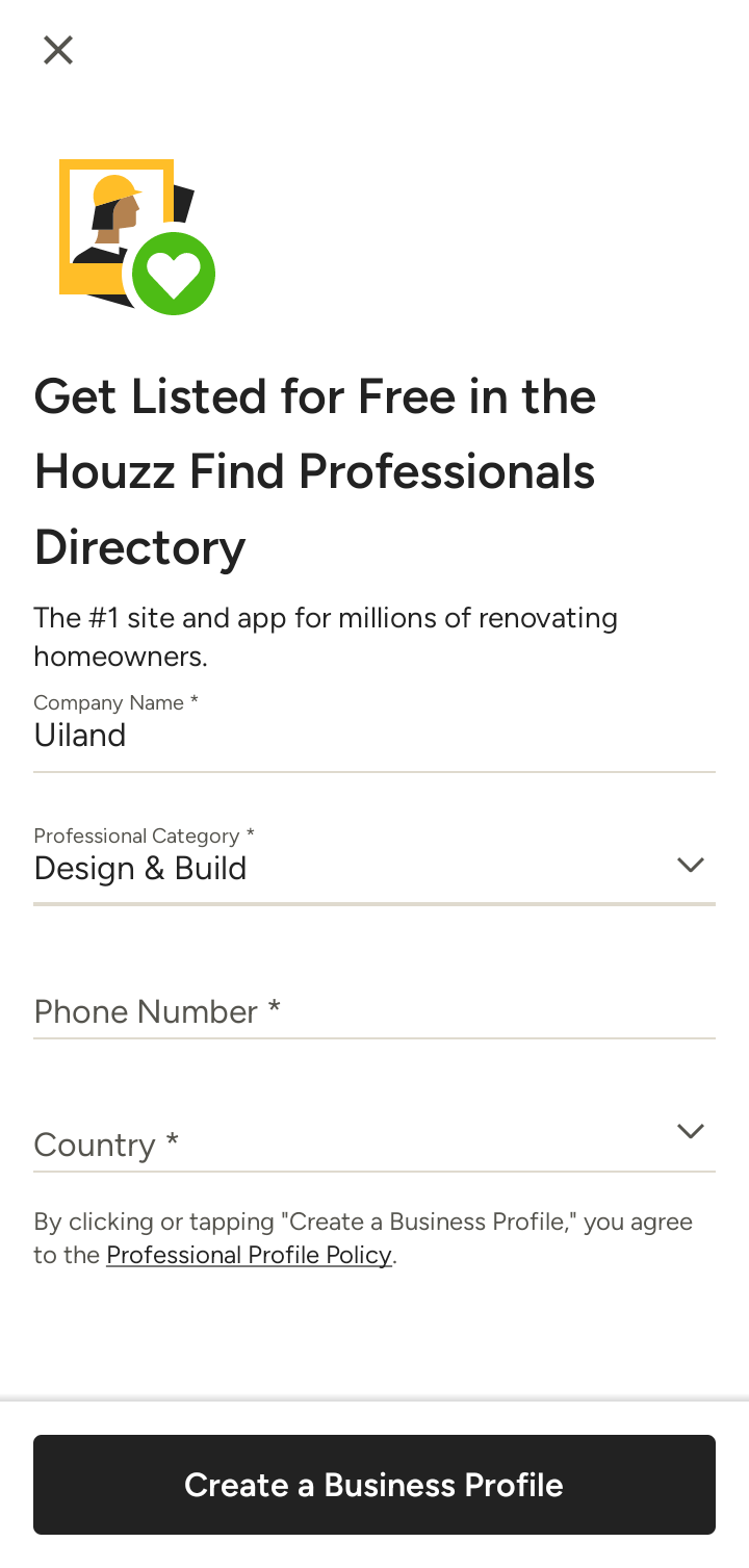  Houzz Creating a business profile flow