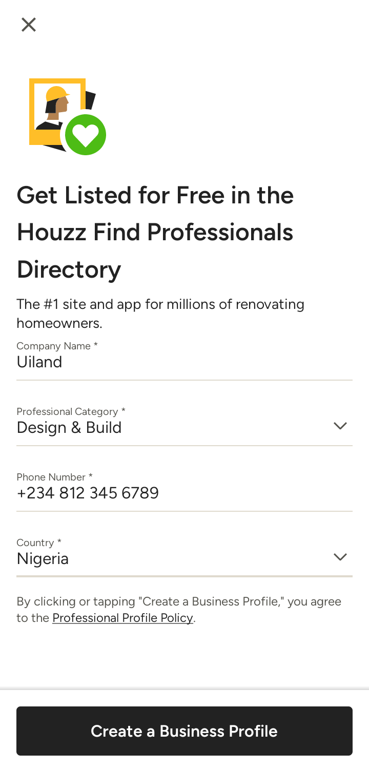  Houzz Creating a business profile flow