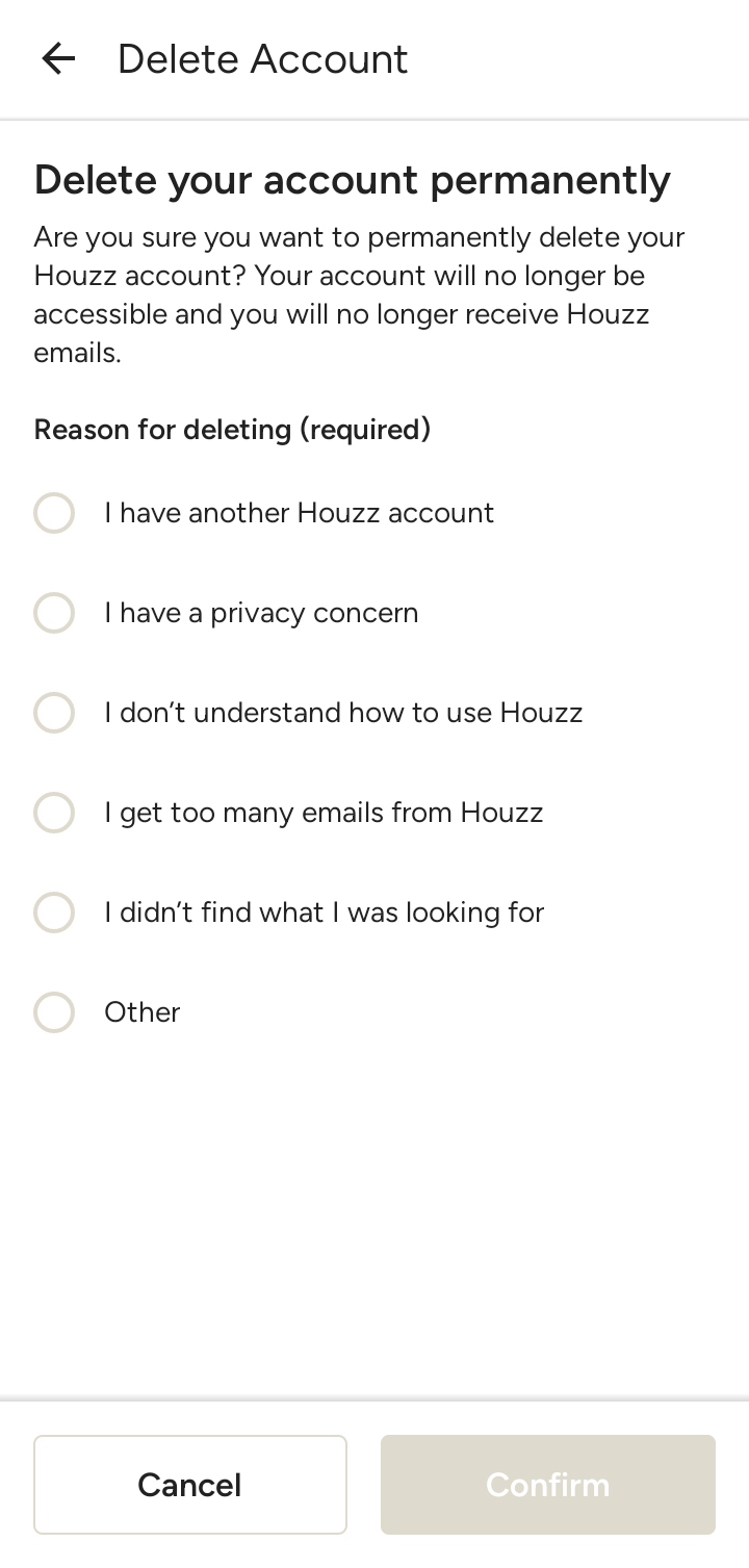  Houzz Deleting Account flow