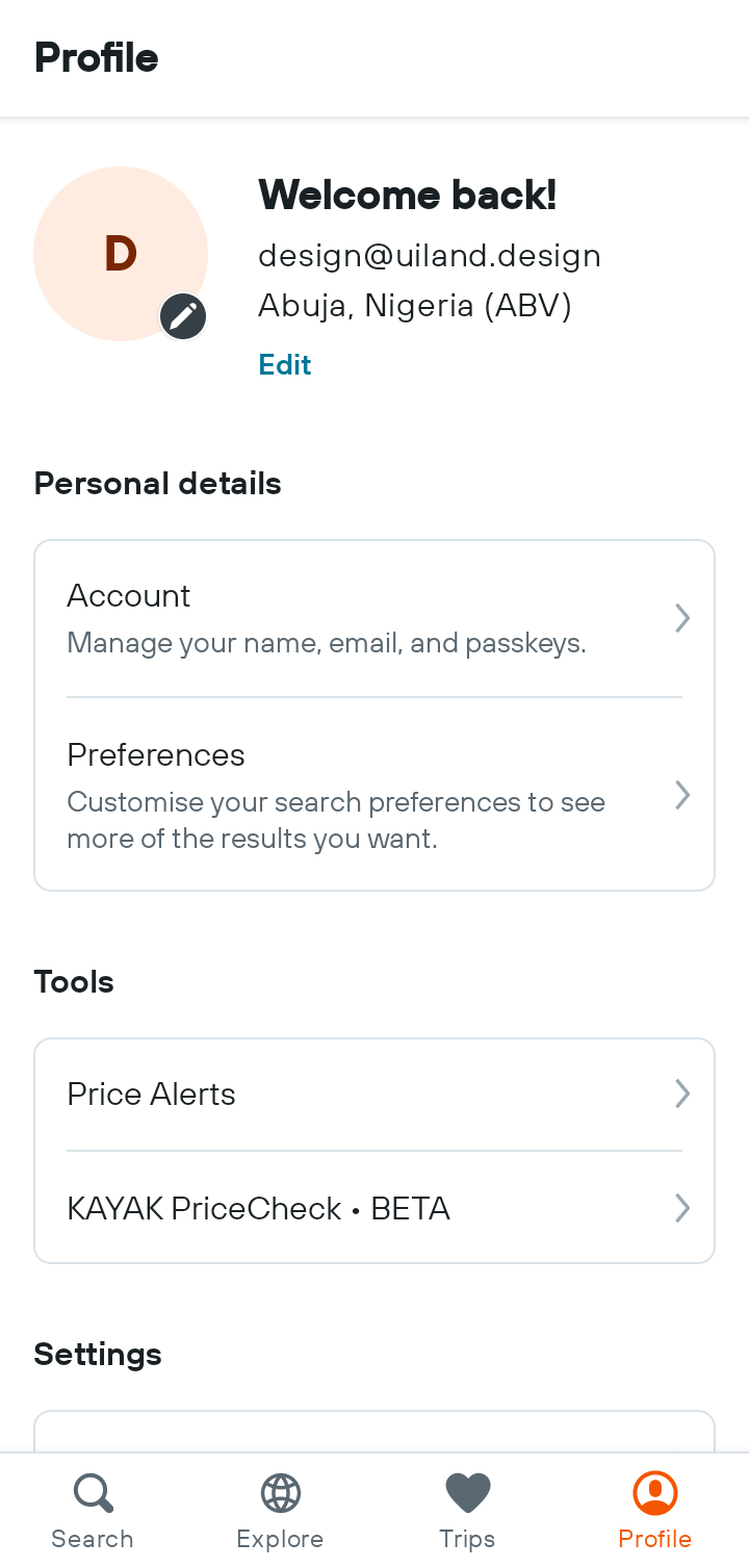  Kayak User Profile  ui screens