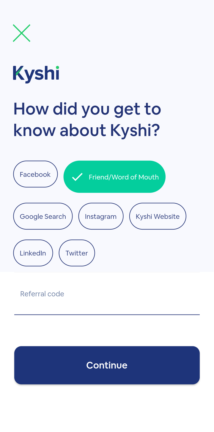 Kyshi Add Referral Code user flow UI screenshot