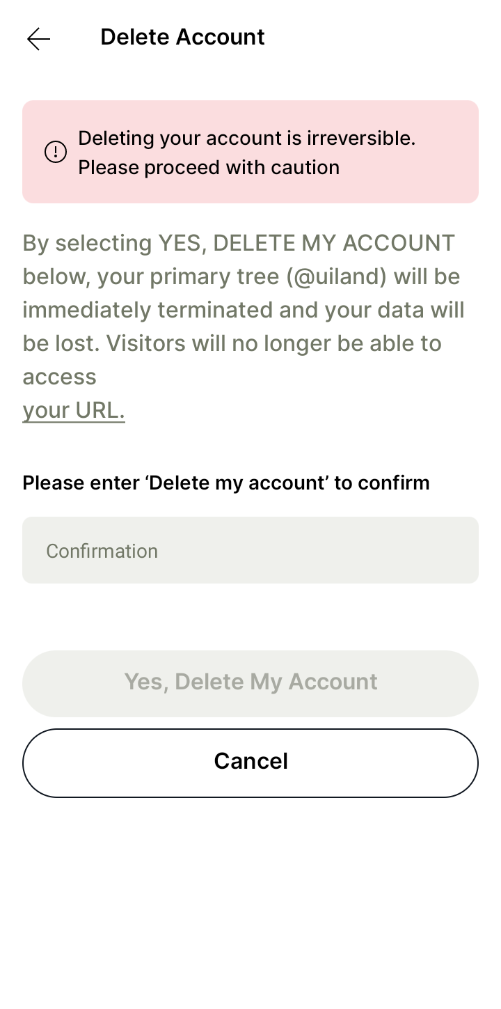  Linktree Deleting Account user flow UI screenshot