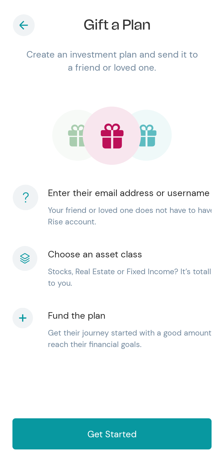  Risevest Gift user flow UI screenshot