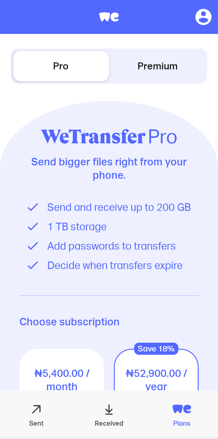  Wetransfer Paywall and Subscription user flow UI screenshot