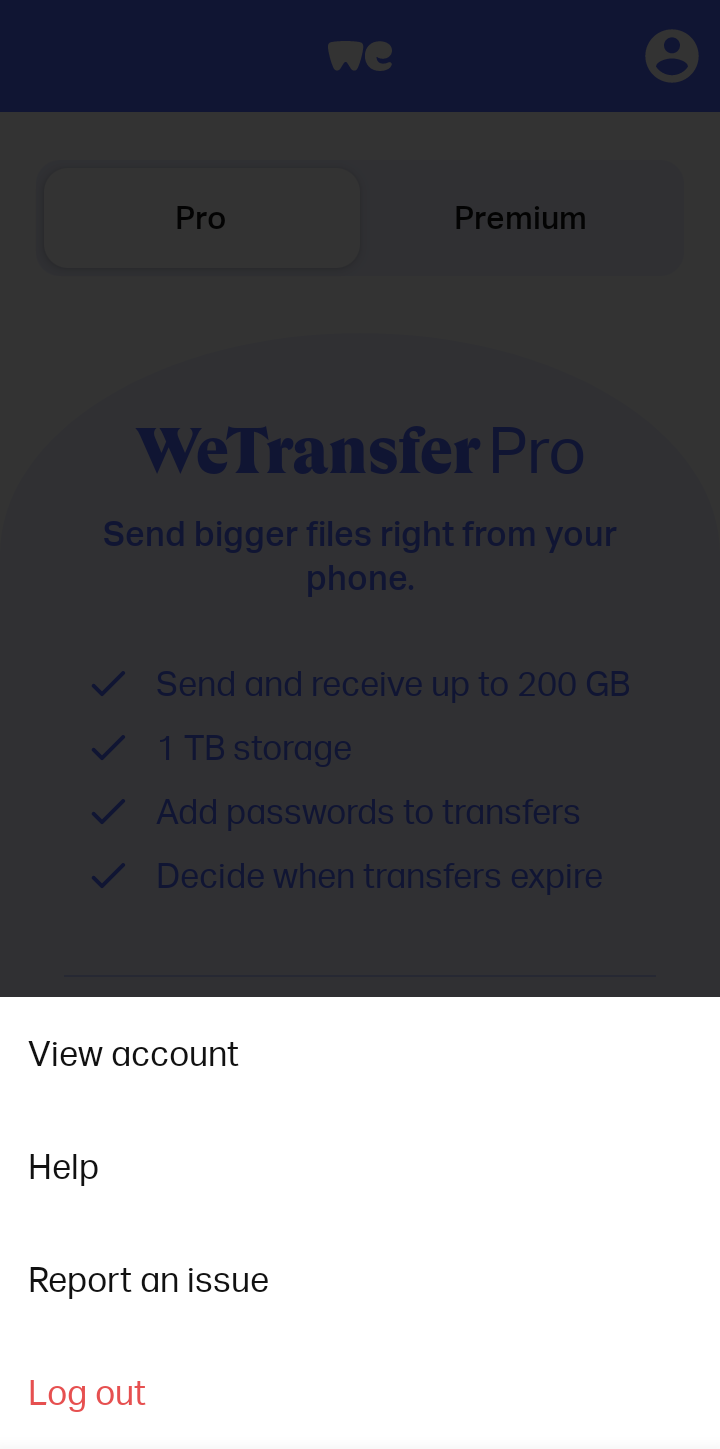  Wetransfer User Profile user flow UI screenshot