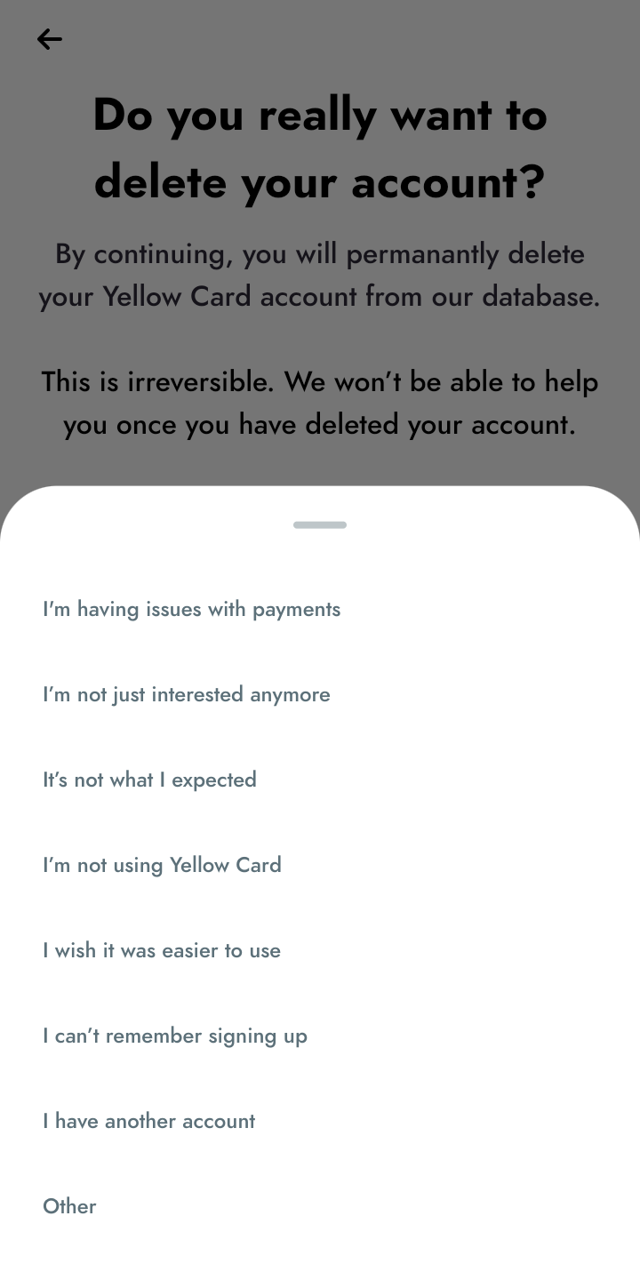  Yellowcard Deleting Account user flow UI screenshot