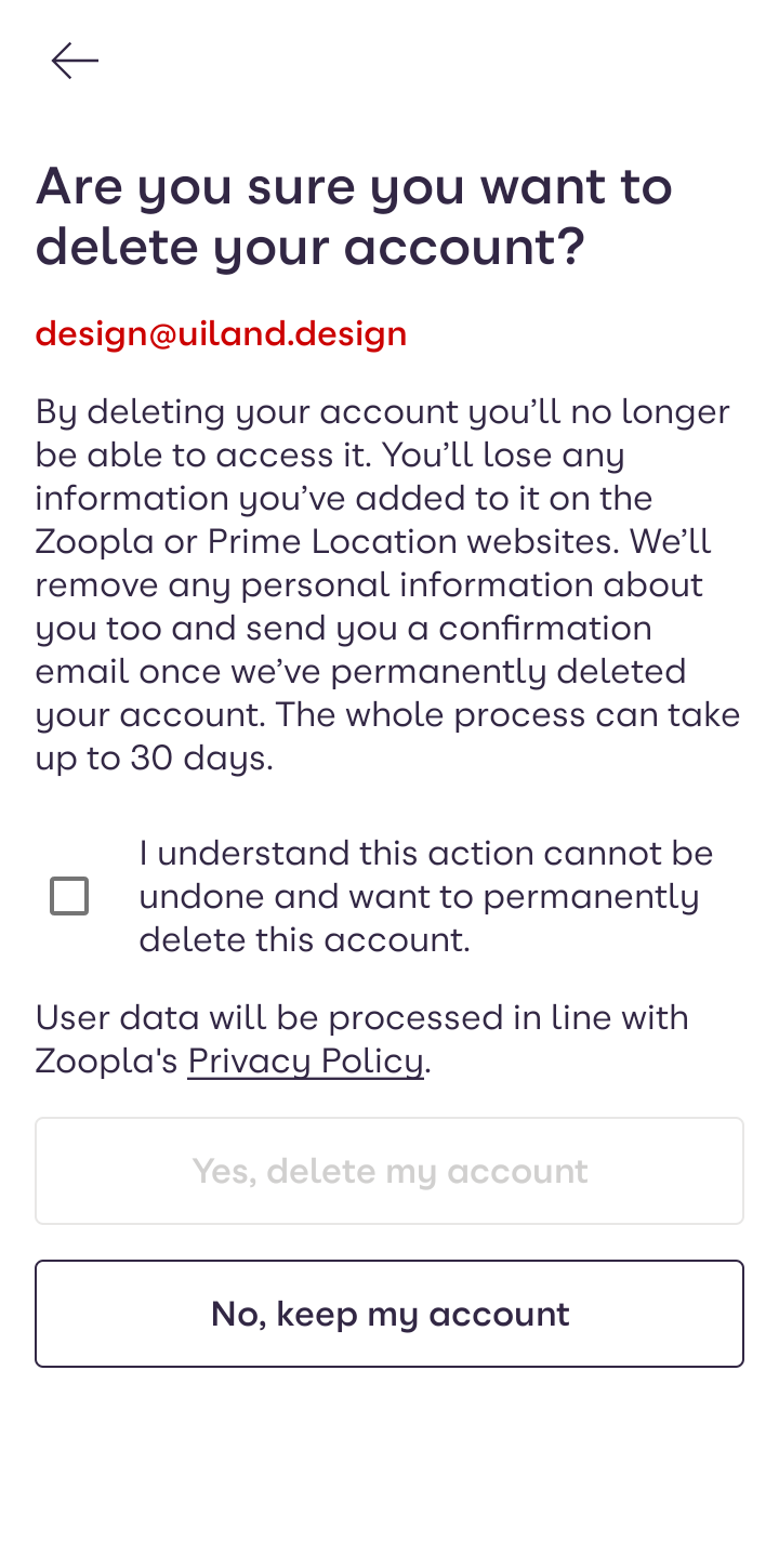  Zoopla Deleting Account user flow UI screenshot